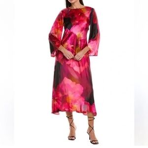 Johnny Was Workshop Flared Sleeve Ruby Bloom Silk Dress Size S